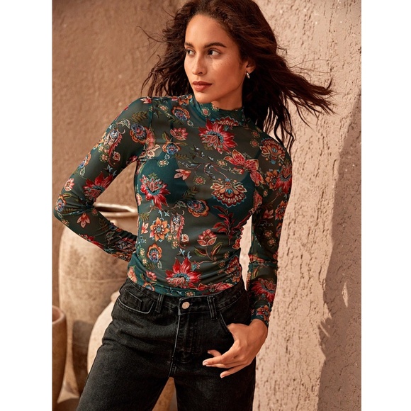 Green Multicolor Floral Print Mesh Sheer Shirt Top Long Sleeve - Picture 5 of 10
